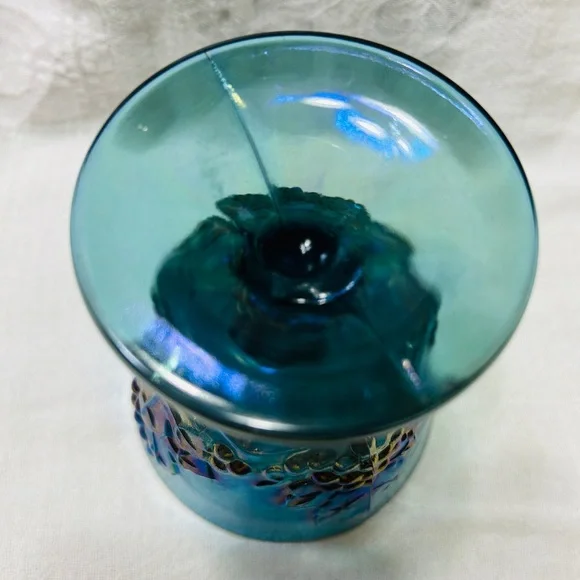 Vintage Indiana Glass blue carnival glass harvest grape cream & sugar on tray. - Picture 10 of 10